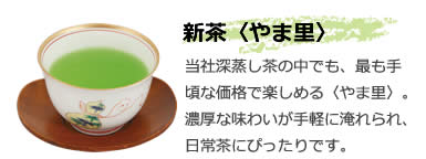 新茶〈やま里〉 当社深蒸し茶の中でも、最も手頃な価格で楽しめる〈やま里〉。濃厚な味わいが手軽に淹れられ、日常茶にぴったりです。