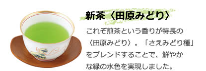 新茶〈田原みどり〉 これぞ煎茶という香りが特長の
〈田原みどり〉。「さえみどり種」をブレンドすることで、鮮やかな緑の水色を実現しました。