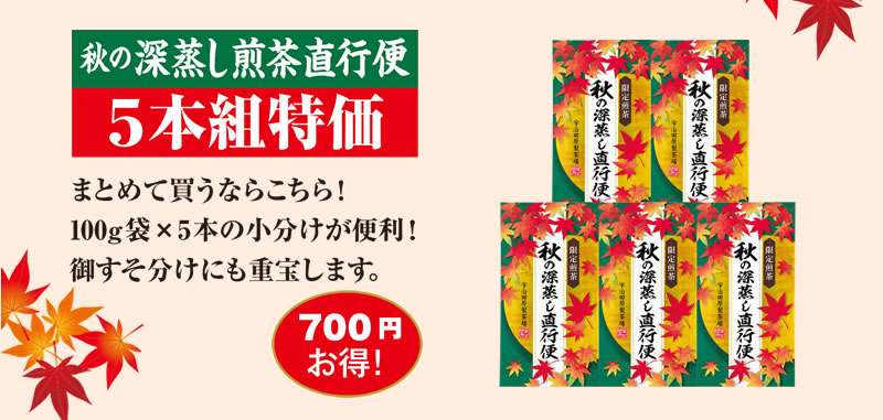 秋の深蒸し煎茶直行便 5本組特価 まとめて買うならこちら!100g袋×5本の小分けが便利!御すそ分けにも重宝します。 700円お得!