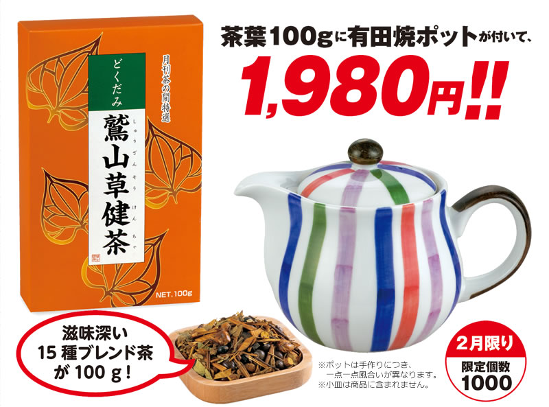 茶葉100gに有田焼ポットが付いて、1,980円!! 2月限り限定個数1000