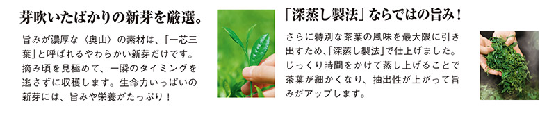 芽吹いたばかりの新芽を厳選。 旨みが濃厚な<奥山>の素材は、「一芯三葉」と呼ばれるやわらかい新芽だけです。摘み頃を見極めて、一瞬のタイミングを逃さずに収穫します。生命力いっぱいの新芽には、旨みや栄養がたっぷり! 「深蒸し製法」ならではの旨み! さらに特別な茶葉の風味を最大限に引き出すため、「深蒸し製法」で仕上げました。じっくり時間をかけて蒸し上げることで茶葉が細かくなり、抽出性が上がって旨みがアップします。