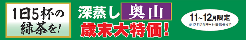1日5杯の緑茶を! 深蒸し奥山歳末大特価! 11~12月限定※12月25日当社着信分まで