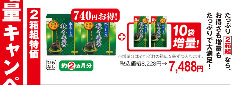 2箱組特価 たっぷり2箱組なら、お得さも増量もたっぷりで大満足!