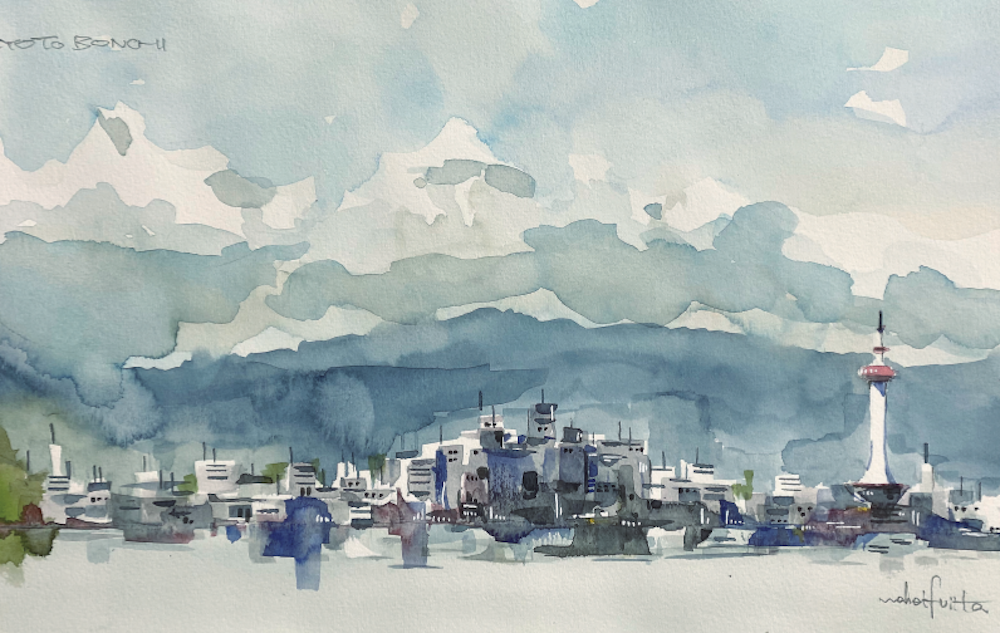 水彩スケッチで描かれた京都市街