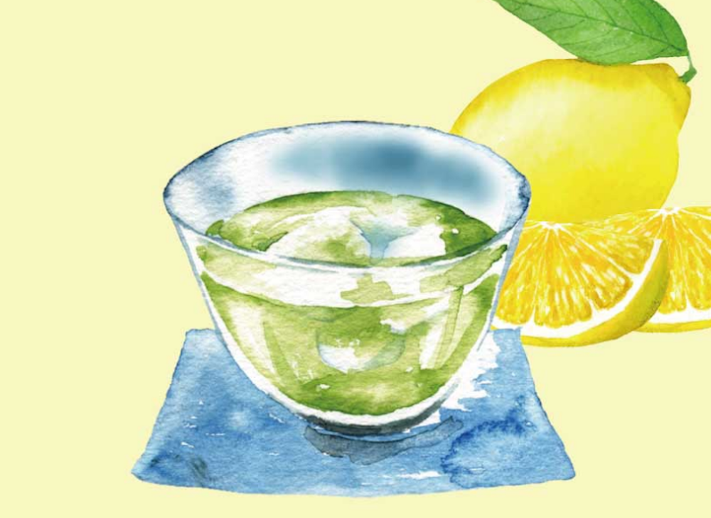 グラス入緑茶とレモンのイラスト