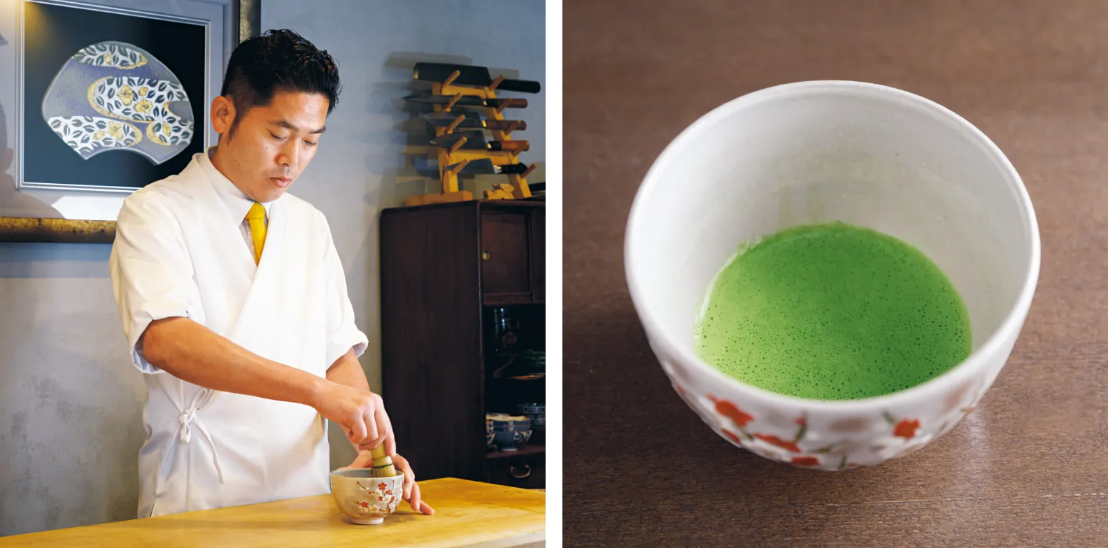 フルコースの締めに抹茶を点てている森さんと抹茶碗に注がれた抹茶の画像