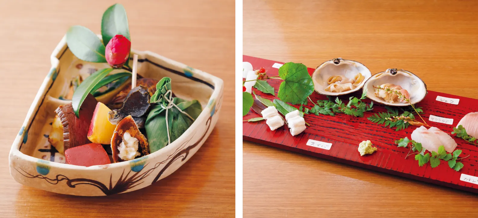 アオリイカなどの魚介にフユイチゴなどの山野草を添えたものと、菊芋のピクルスや美山の鹿ロースの画像