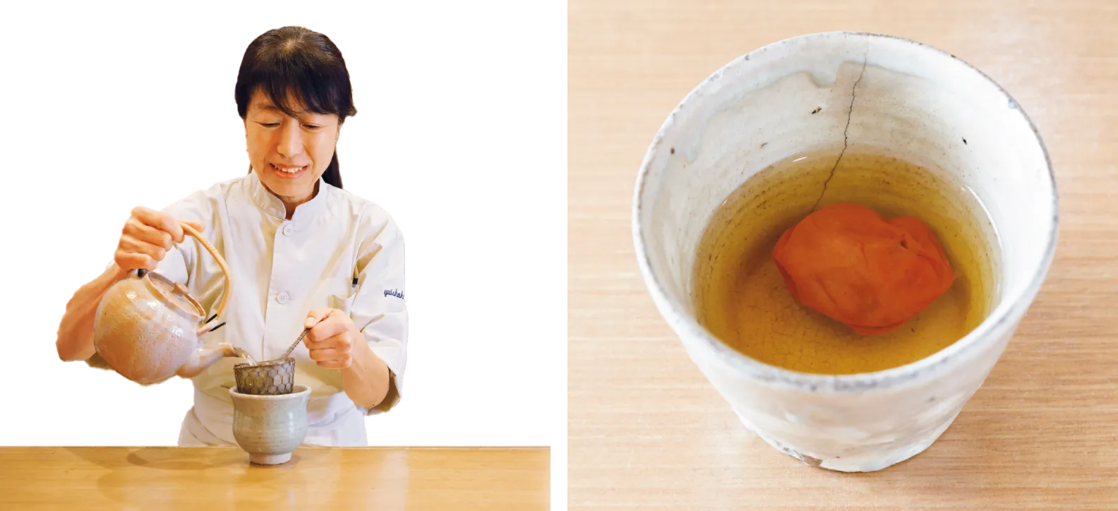 急須でゆっくりとお茶を淹れる井川さんと梅干し入りの番茶の画像