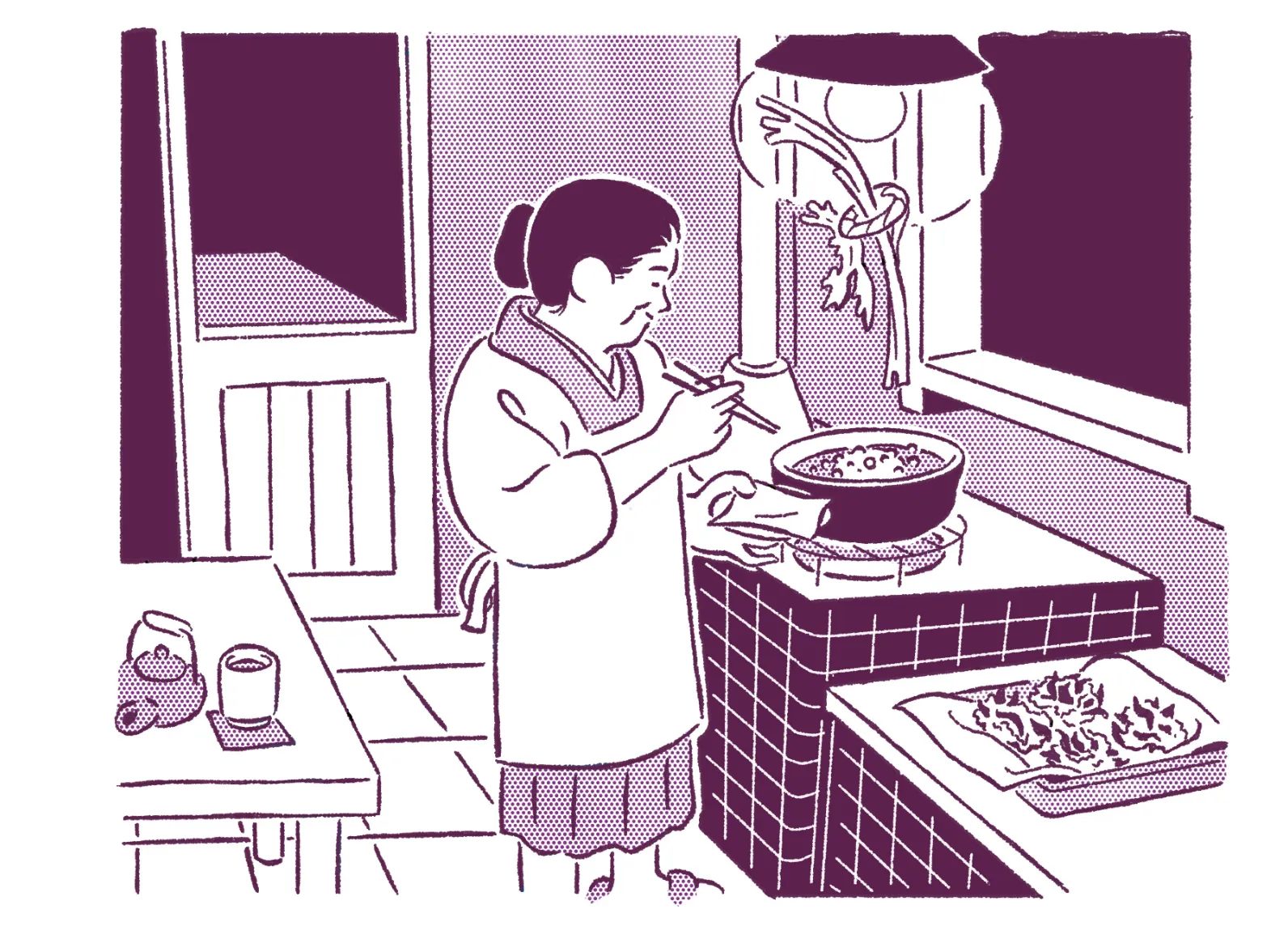 台所でかっぽう着を着ておばんざいを作る大村しげのイラスト