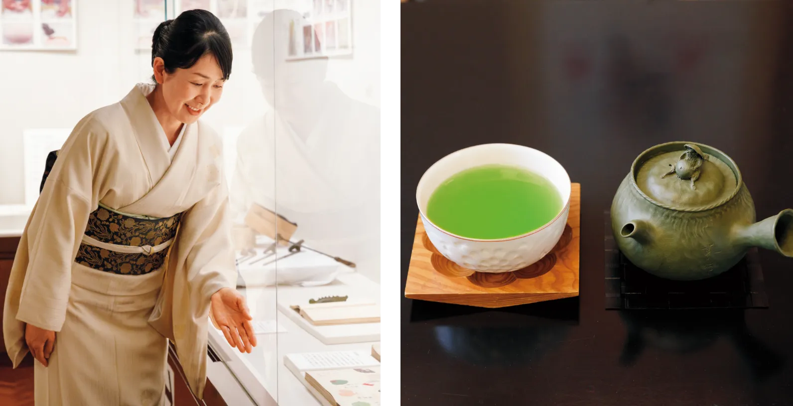 資料館にて展示の解説をする辻󠄀さんと、新茶の黄緑色が映える瀬戸焼の白い器、屋久杉の茶托、くつろぐ狸の取っ手がユーモラスな萬古焼の急須の画像