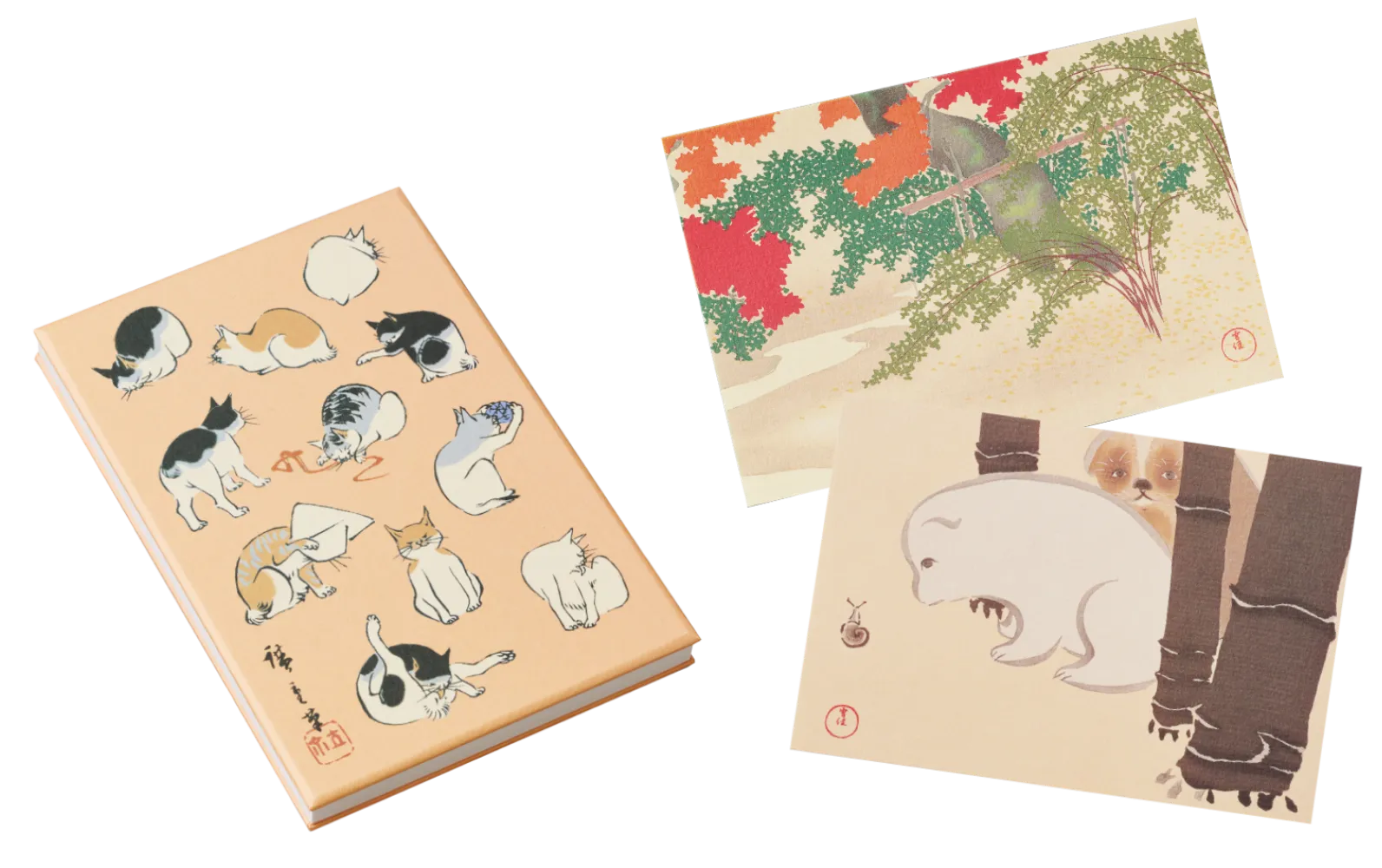 神坂雪佳のはがき（各150円＋税）と、歌川広重の猫のご朱印帳（2000円＋税）の画像
