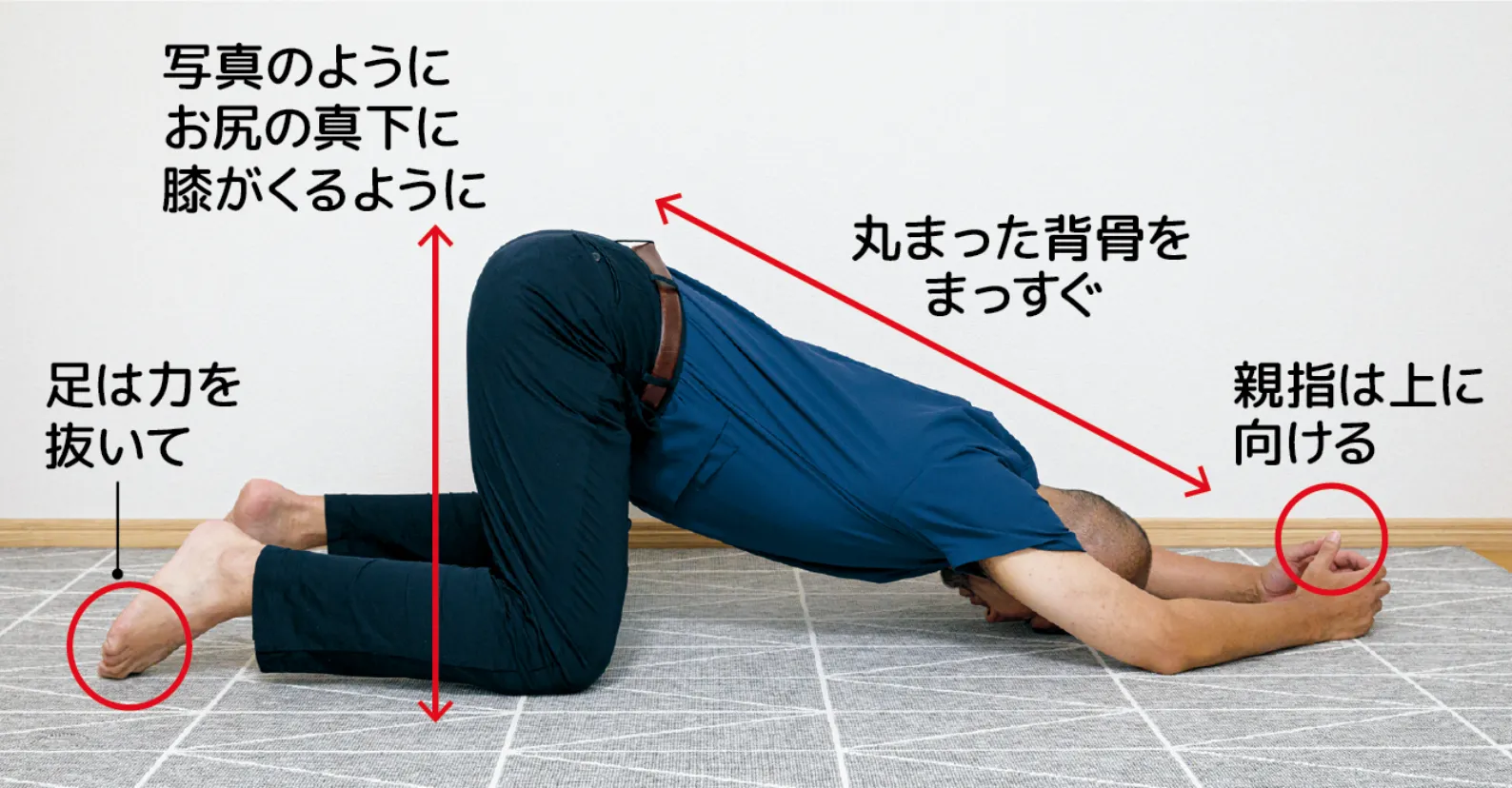 背骨を伸ばす猫のポーズの体操をしているところの画像
