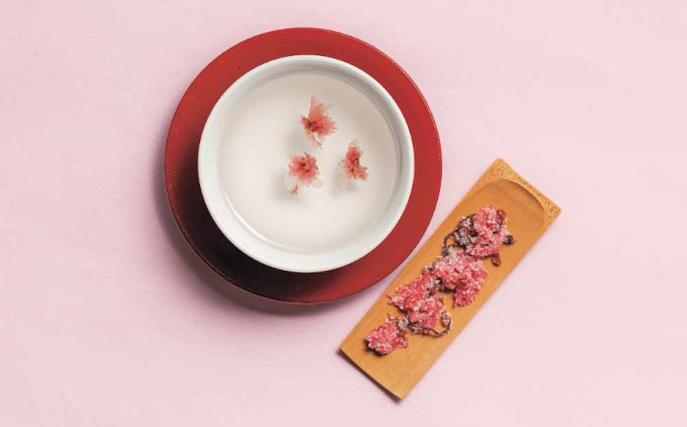 塩漬けした桜を浮かぶ桜茶の画像