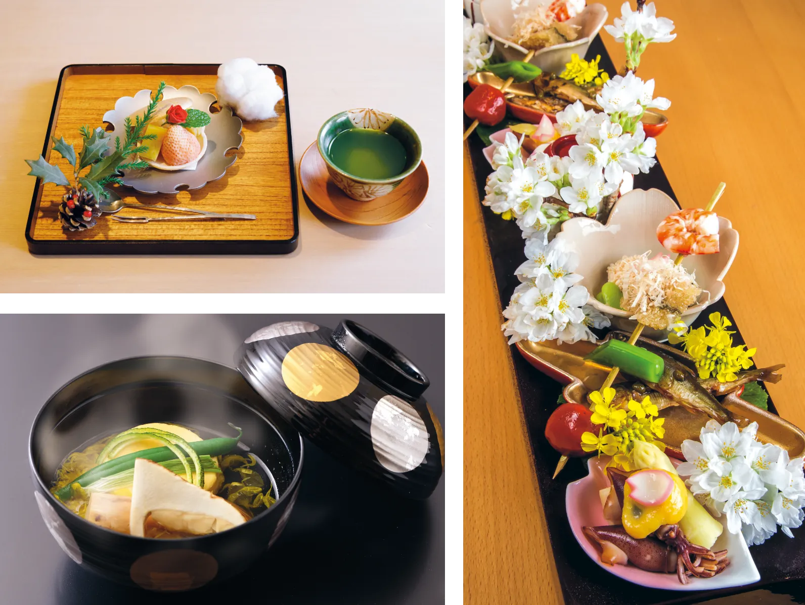 最中の皮にクリームブリュレのアイスなどを挟んだ一皿と、お吸い物、お造りの画像