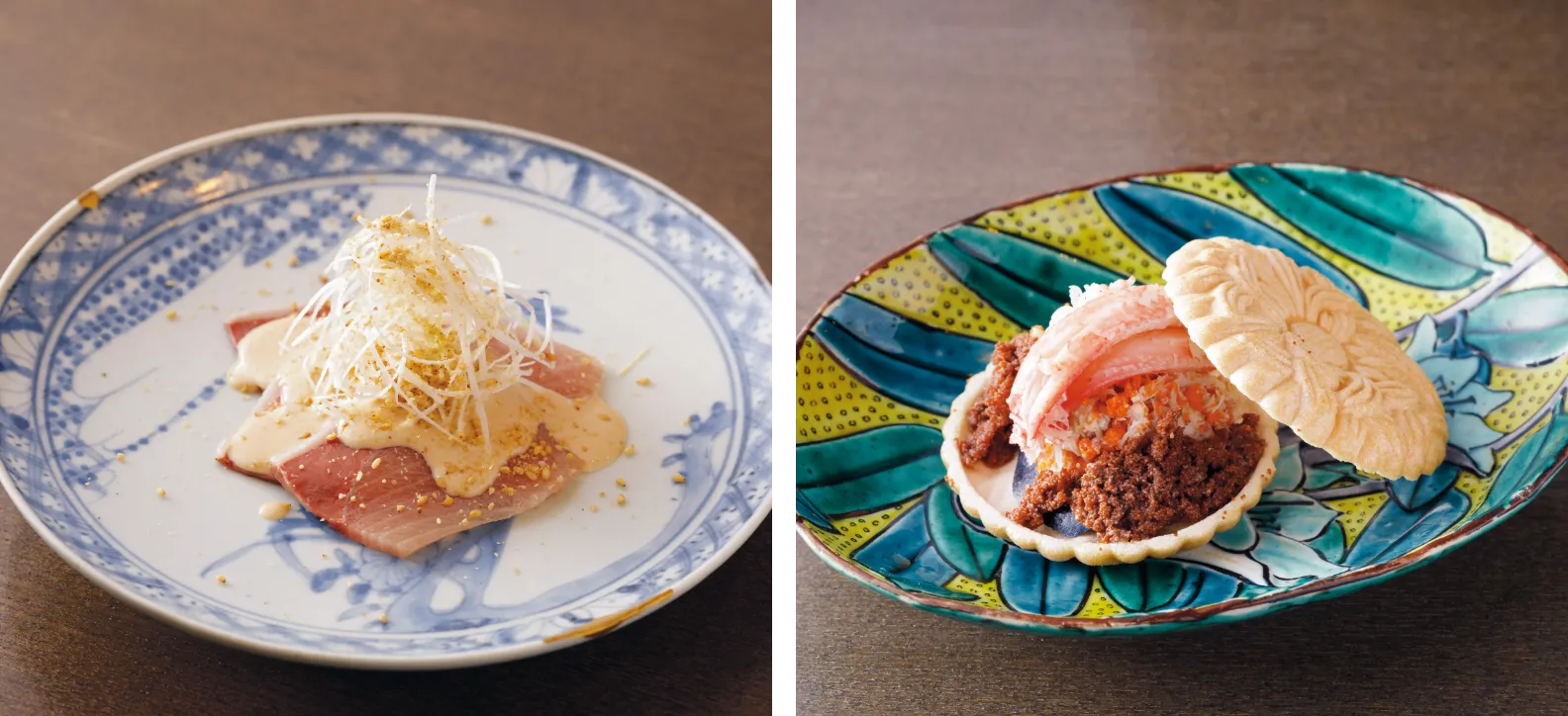 「天然鰤のお造り 自家製胡麻煎り酒を添えて」と「コッペ蟹の最中 いぶりがっこ・締め鯖とともに」の画像