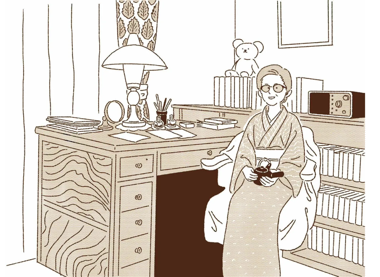 着物を着て椅子に腰掛ける岡部伊都子のイラスト