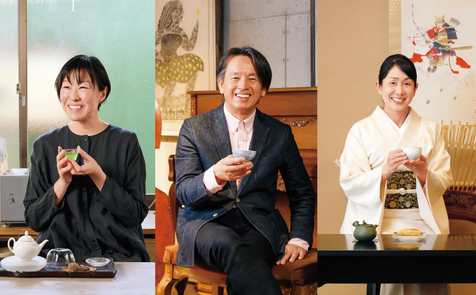 ガラス作家小林希さん、音楽家石田一夫さん、茶人辻󠄀真奈美さんの画像