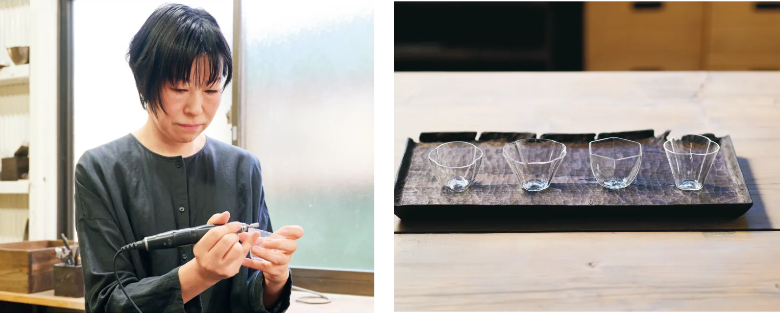 うつわの口元をなめらかに削って、口当たりがよいように調整していく希さんと、四つの小さな茶碗の画像