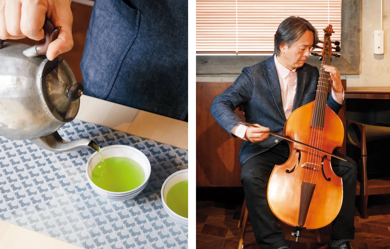 急須にお茶を注ぐ石田さんと、古楽器の「ヴィオラ・ダ・ガンバを弾く石田さんの画像